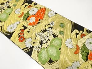 アンティーク　荒波に桐・菊模様織り出し袋帯（着用可）